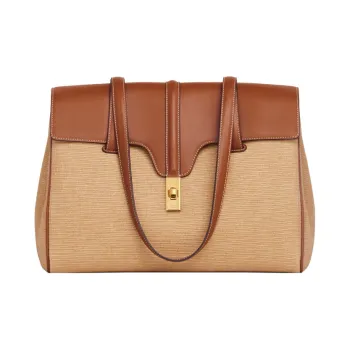 CELINE 16 Textile Cow Leather Handbag Shoulder Bag Tote Medium Size Women's Beige/Tan