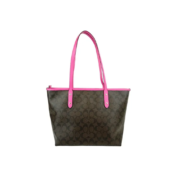 COACH City Zip Tote PVC Tote Bag, Handbag, Shoulder Bag Large Size Women's Dark Brown Monogram & Rose Red-2