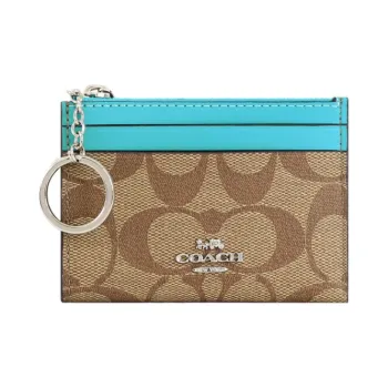COACH Mini Id Skinny Leather Card Clip Card Holder Mini Women's Bright Blue & Brown Monogram