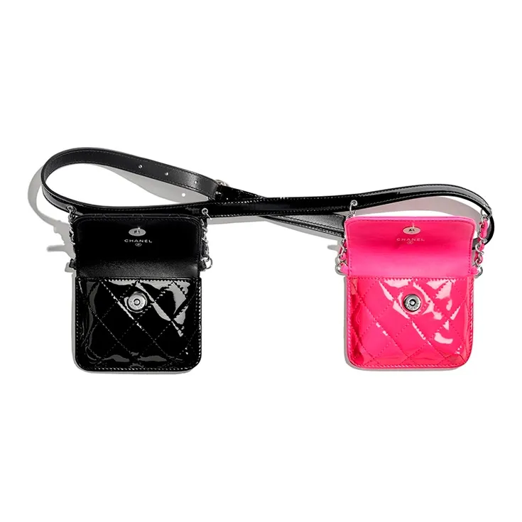 CHANEL Patent Leather, Cow Leather Double Bags, Flap Bags, Crossbody Bags, Fanny Packs Women's Black/Pink-1