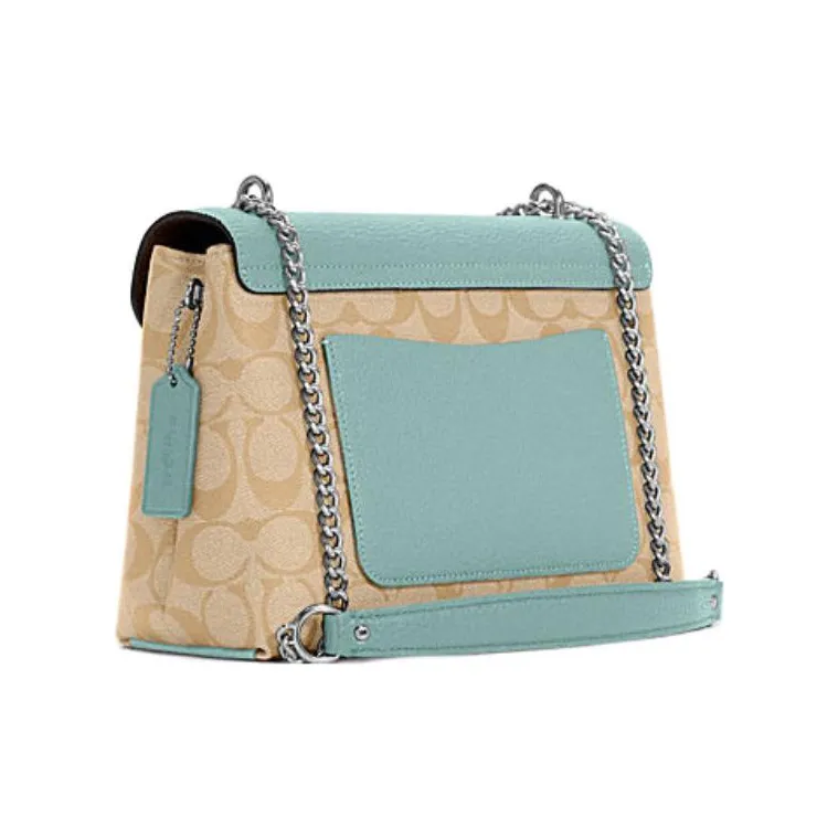 COACH Tammie Canvas With Leather Flap Bag One Shoulder Handbag Crossbody Bag Women's Lake Green Color-1