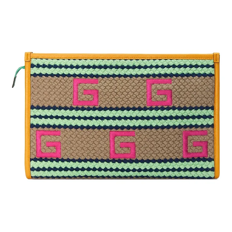 GUCCI Fabric With Leather Clutch Women's Yellow/Green/Pink-1