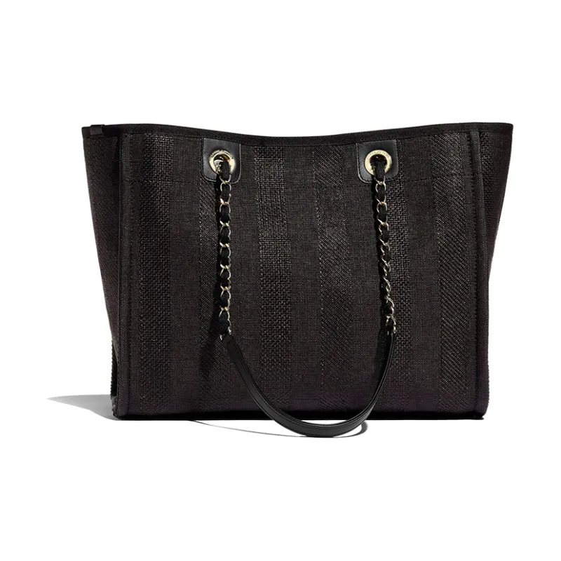 CHANEL Fabric Tote Shopping Bag Handbag Women's Black-2