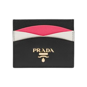 PRADA Saffiano Leather Card Holder Women's Black/Wood Chrysanthemum
