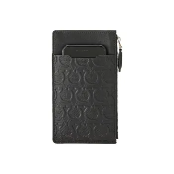 FERRAGAMO Cow Leather Cell Phone Pouch, Card Holder, Coin Purse Unisex Black