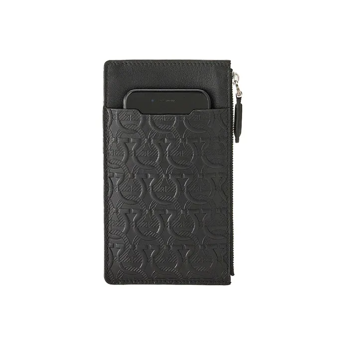 FERRAGAMO Cow Leather Cell Phone Pouch, Card Holder, Coin Purse Unisex Black-0