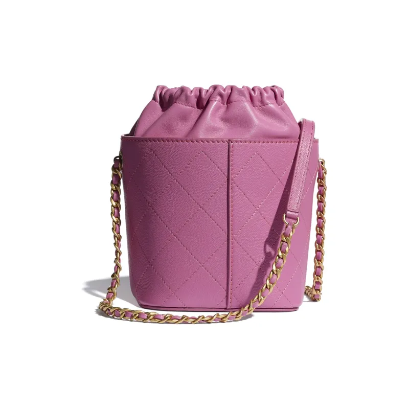 CHANEL Drawstring Grain Lambskin, Smooth Lambskin, And Gold Metal Bucket Bag, Drawstring Bag Women's Purple-1