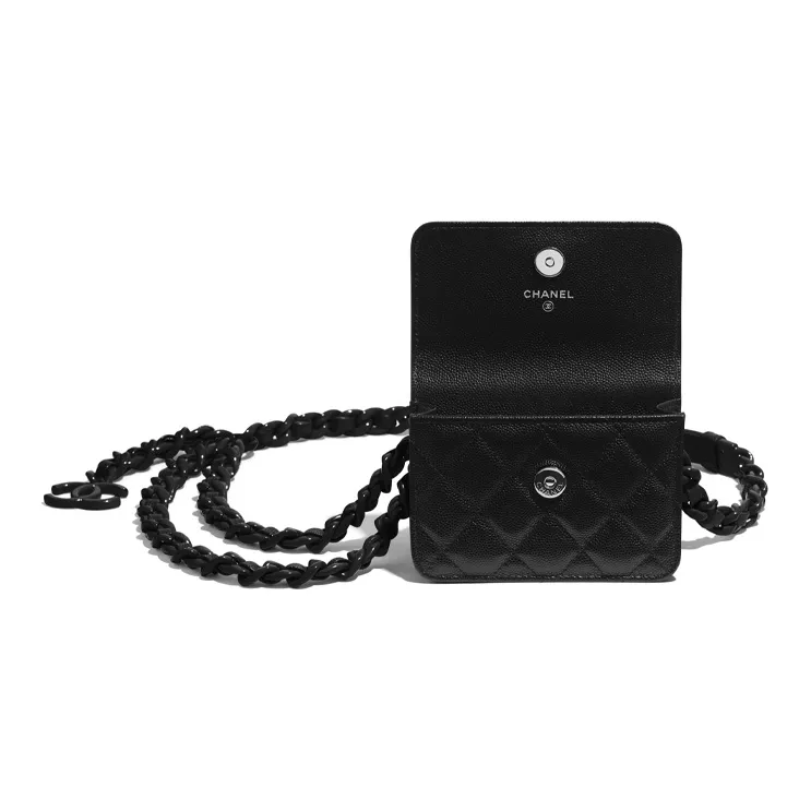 CHANEL Grain Calfskin And Metal Paint Business Card Holder Waist Chain Fanny Pack Women's Black-3