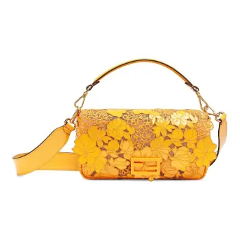 FENDI Baguette Leather Handbag Medium Size Women's Orange