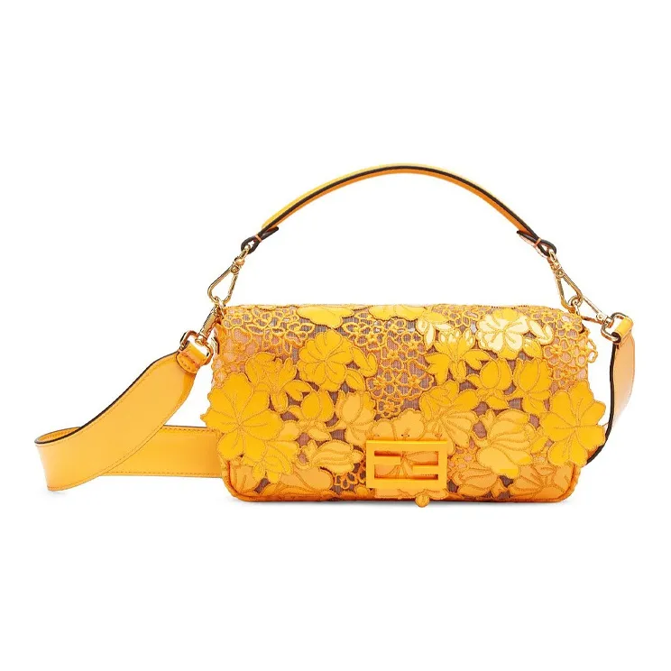 FENDI Baguette Leather Handbag Medium Size Women's Orange-0
