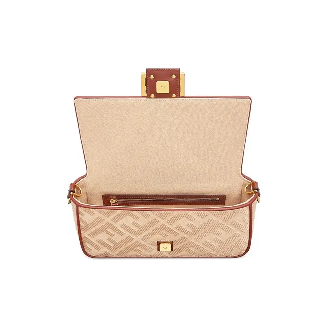 FENDI Baguette Cow Leather Portable Crossbody Bag, Shoulder Bag Medium Size Women's Beige/Brown-3