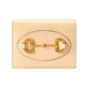 GUCCI Horsebit 1955 Leather Wallets Card Holders Women's Beige