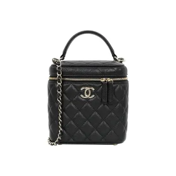 CHANEL Litchi Grain Cow Leather Vertical Box Bag Zipper Closure Shoulder Bag Makeup Bag Handbag Regular Women's Black