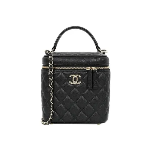 CHANEL Litchi Grain Cow Leather Vertical Box Bag, Top Zipper, Shoulder Bag, Makeup Bag, Handbag BIG Women's Black