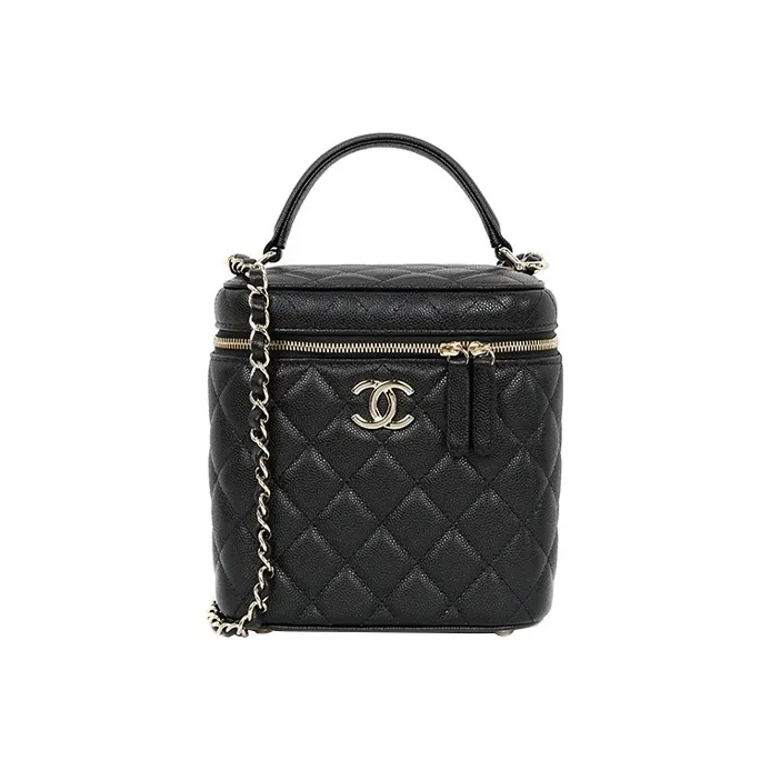 CHANEL Litchi Grain Cow Leather Vertical Box Bag, Top Zipper, Shoulder Bag, Makeup Bag, Handbag Women's Black-0