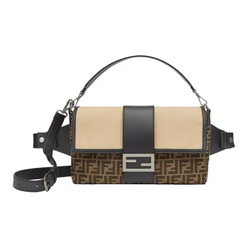 FENDI Baguette Canvas With Leather Baguette Bag One Shoulder Handbag Crossbody Bag Large Size Men's Brown/Beige