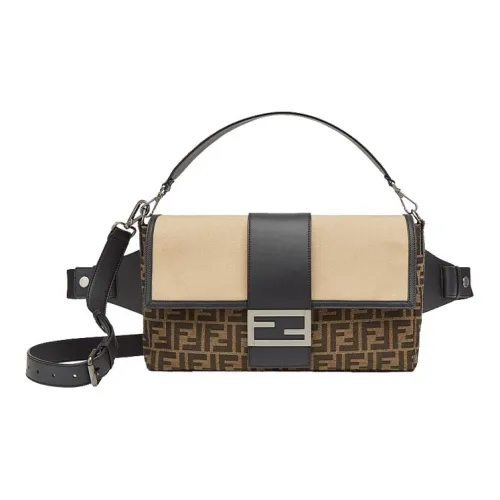 FENDI Baguette Canvas With Leather Baguette Bag One Shoulder Handbag Crossbody Bag Large Size Men's Brown/Beige