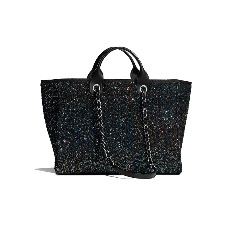 CHANEL Viscose Calfskin Sequins And Silver Metal Tote Bag, Shopping Bag, Handbag Tubas Women's Black-2