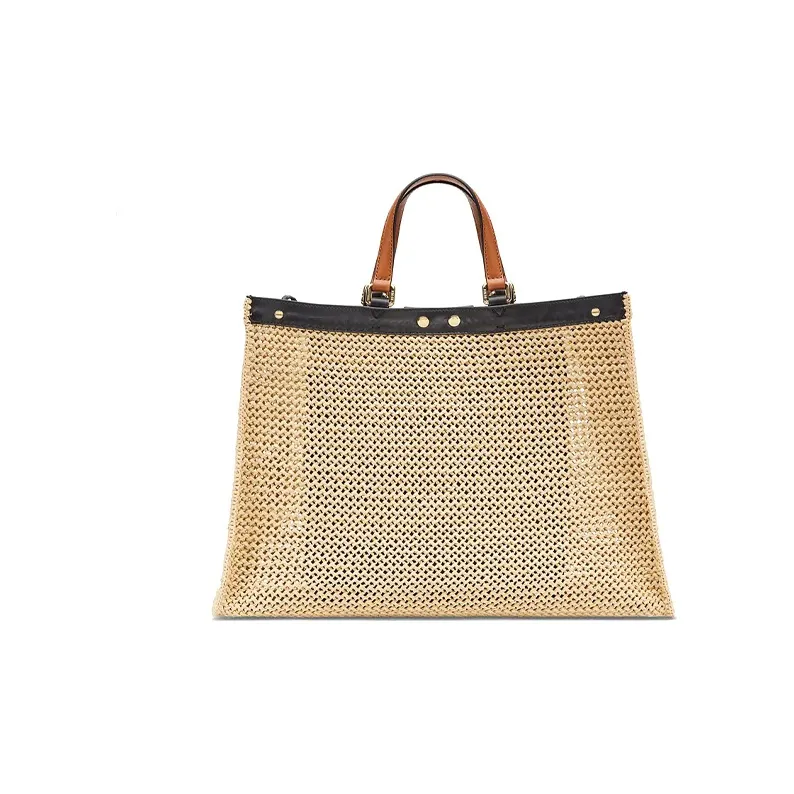 FENDI Peekaboo Woven Raffia Grass With Leather One Shoulder Handbags Medium Size Women's Woven Color-2