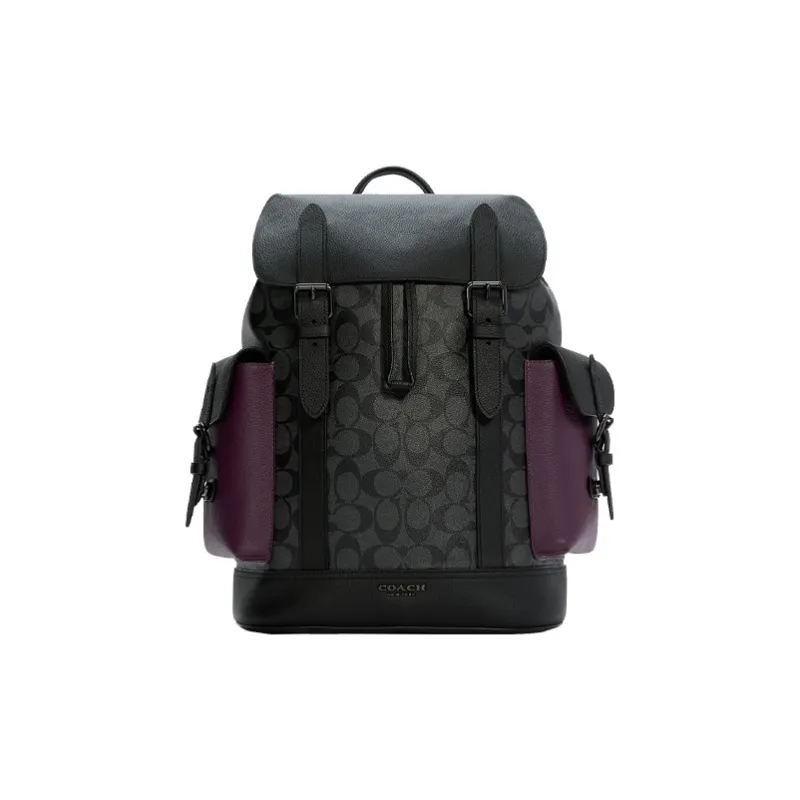 COACH Canvas With Leather Backpack Medium Size Men's Black With Grape Purple-0