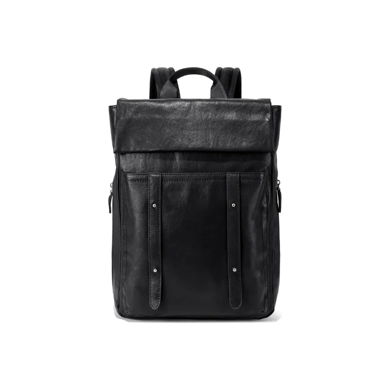 Ace Paul Top Grain Cow Leather Laptop Backpack Large Size Unisex Cool Black-1