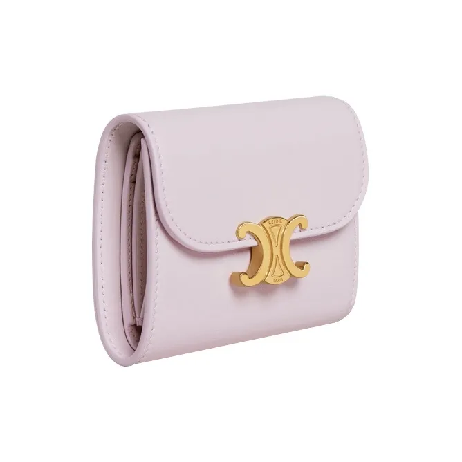CELINE Triomphe Shiny Smooth Lambskin Suede Flap Card Holder Wallet Small Size Women's Light Pink-1