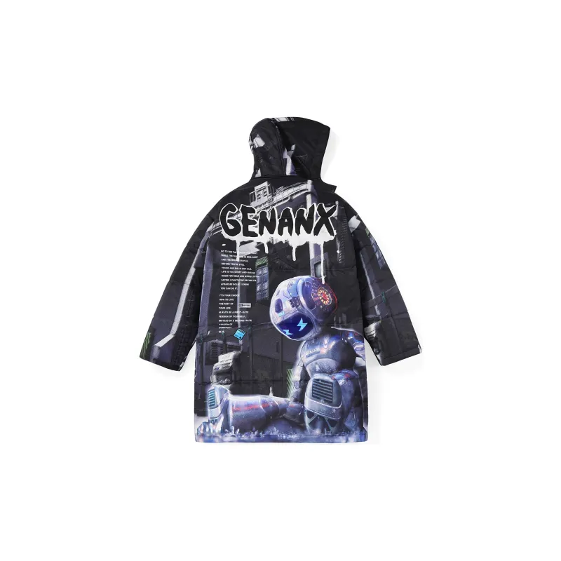 GENANX Cartoon Detachable Hood Loose Fit Mid Length Puffer Jacket Unisex Black Blue-2