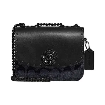 COACH Calfskin Leather Small Square Bag, Crossbody Bag, Shoulder Bag Women's Black Monogram