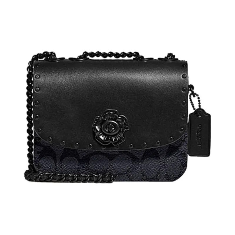 COACH Calfskin Leather Small Square Bag, Crossbody Bag, Shoulder Bag Women's Black Monogram-0