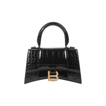 Balenciaga Crocodile Embossed Hourglass Top Handle Xs Black