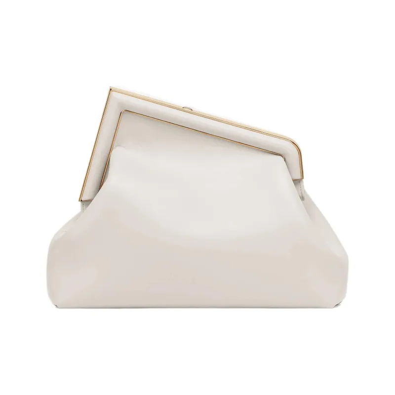 FENDI First Leather Clutch, Shoulder Bag, Crossbody Bag Medium Size Women's Light Gray White-2