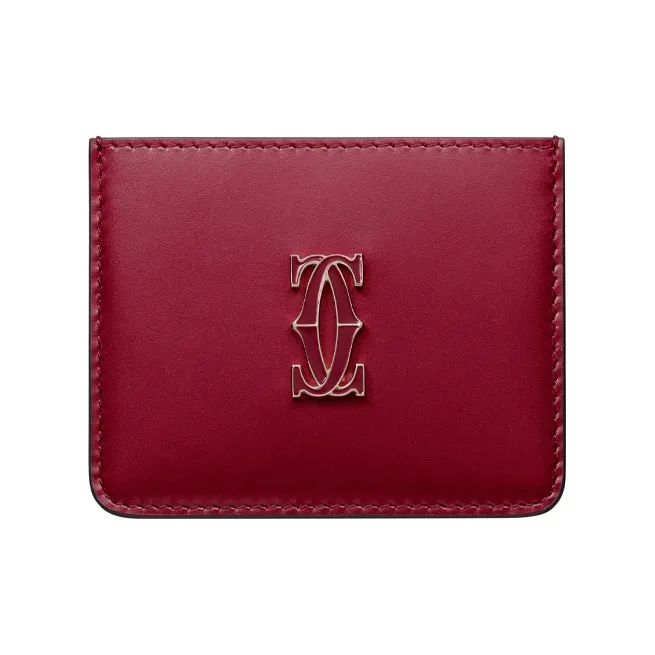 CARTIER Double C Cow Leather Card Holder Women's Cherry Red-0