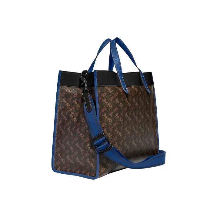 COACH Field Canvas With Leather Tote Bag, Shopping Bag, Handbag, Crossbody Bag Tubas Men's Dark Brown & Blue-1