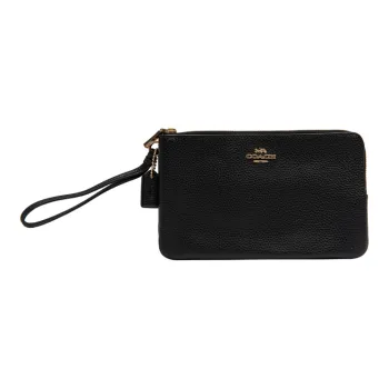 COACH Double Zip Wallet Cow Leather Coin Purse Clutch Wallet Small Size Women's Black