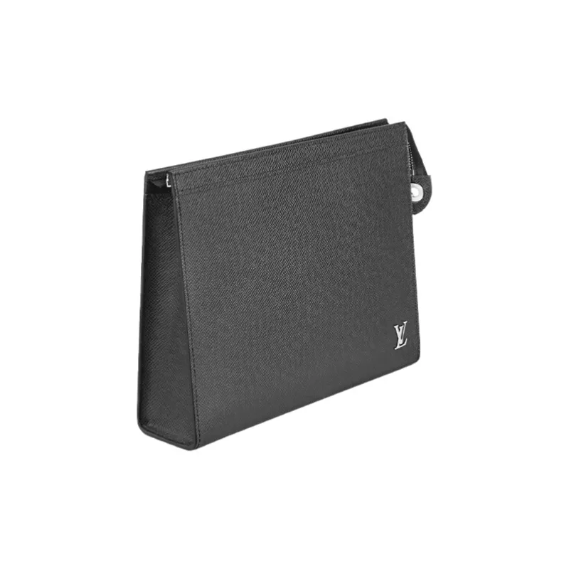 LOUIS VUITTON Pochette Voyage Taïga Cow Leather Clutch Toiletry Bag, Toiletry Bag Medium Size Men's Black-1