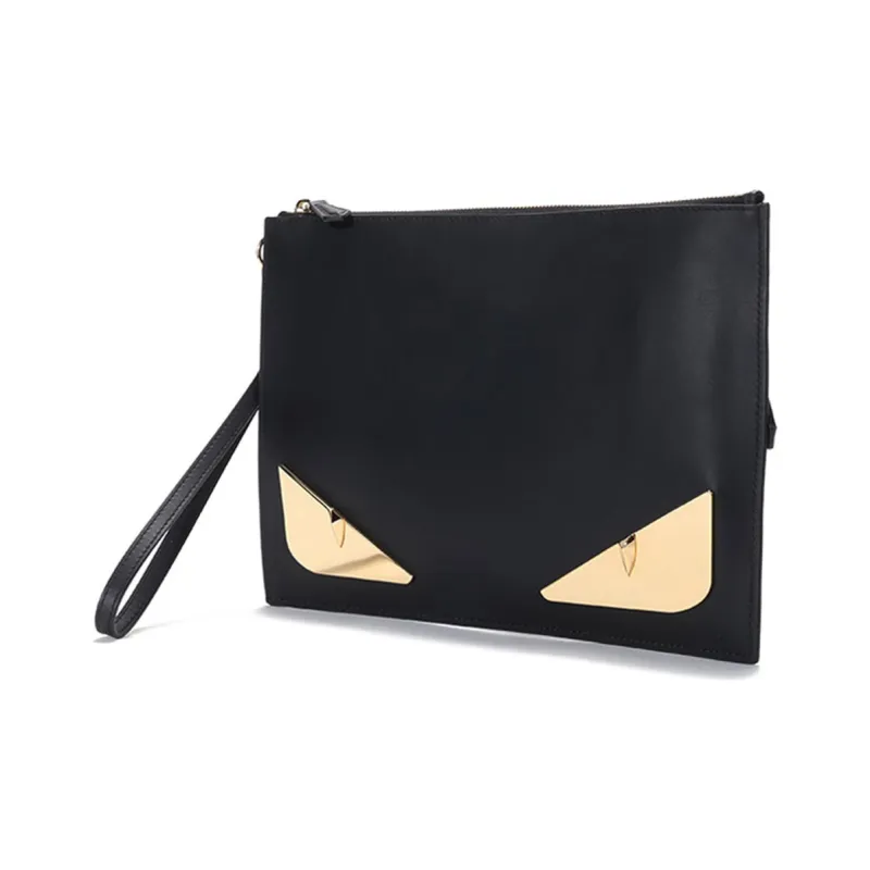 FENDI Calfskin Wristband Clutch Men's Black & Gold-1