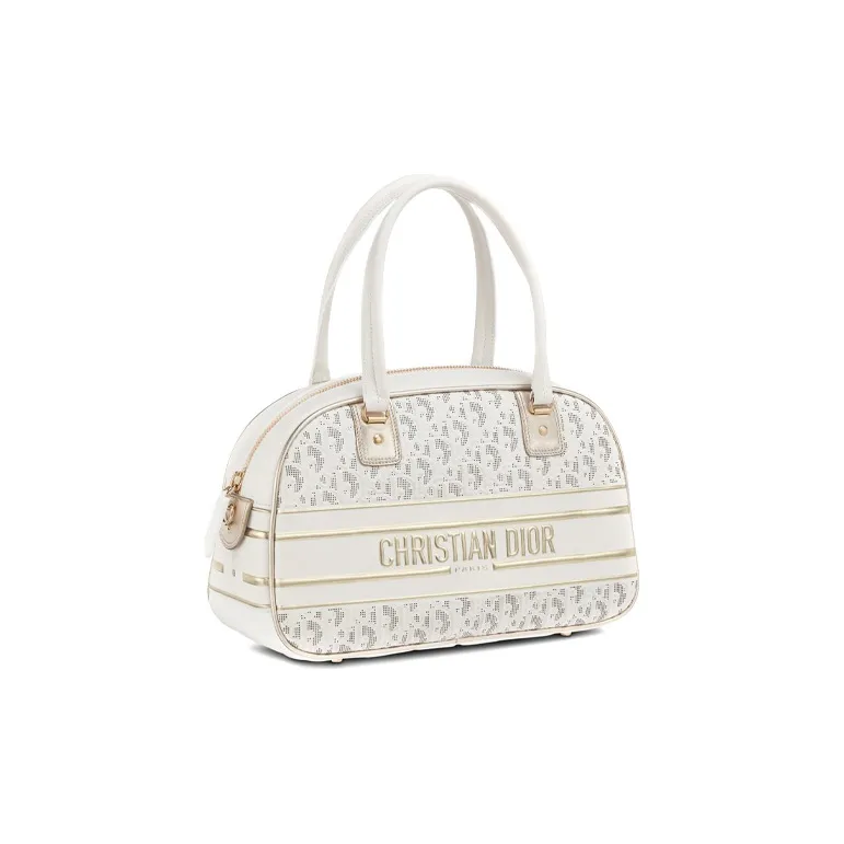 DIOR Cow Leather Bowling Bag, Gym Bag, One Shoulder Crossbody Bag, Travel Bag, Handbag Medium Size Women's White/Gold-2