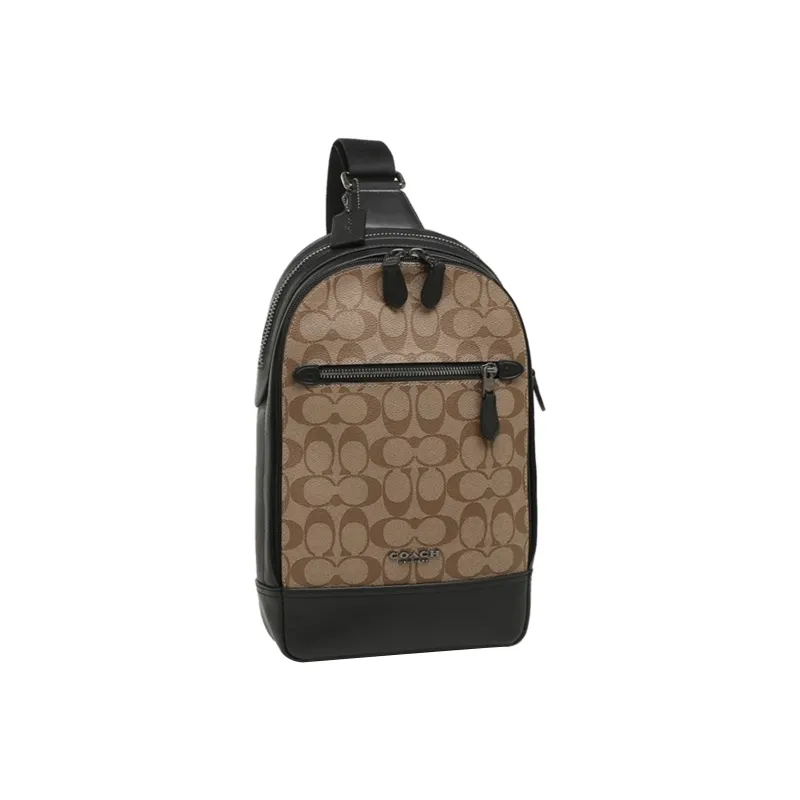 COACH Graham Coated Canvas With Delicate Calfskin Fanny Pack Sling Bags Large Size Men's Dark Khaki With Black Accents-1