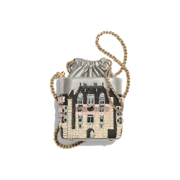 CHANEL Lambskin Chain Bag, Bucket Bag, Crossbody Bag Women's Silver-0