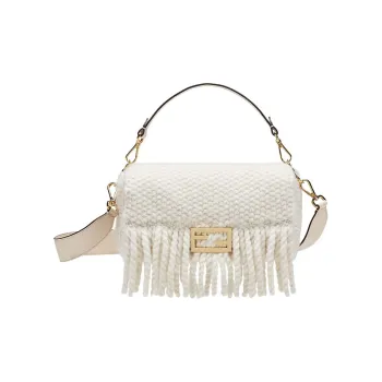 FENDI Baguette Wool Baguette Bag One Shoulder Handbag Crossbody Bag Medium Size Women's White