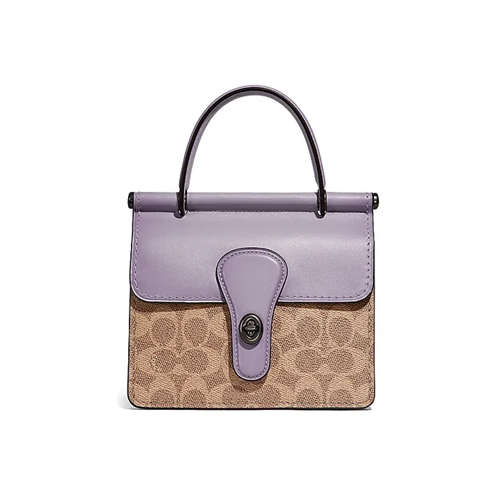 COACH Willis Canvas With Cow Leather Shoulder Bag Crossbody Bag Handbags Small Size Women's Purple & Khaki Monogram-0