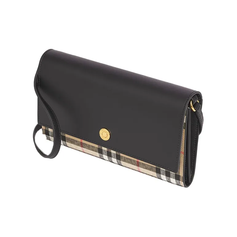 Burberry Vintage Leather With Fabric Shoulder Bag Crossbody Bag Women's Beige & Black-2