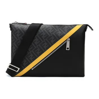 FENDI Leather Messenger Bag Crossbody Bag Shoulder Bag Regular Men's Black Gray Color/Yellow