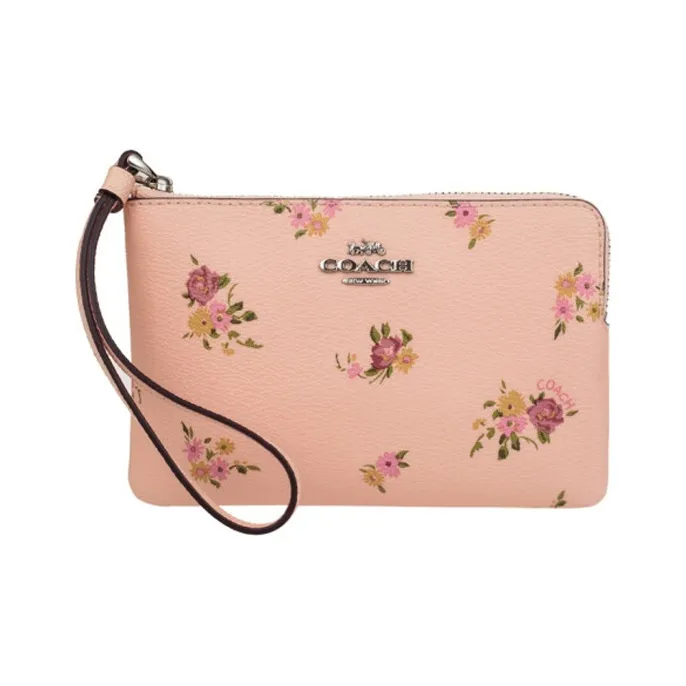 COACH Corner Zip Leather Wallet Coin Purse Card Holder Wrist Bag Women's Apricot-0
