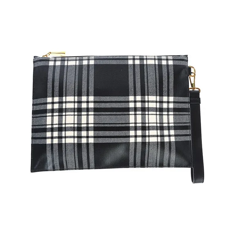 VERSACE Fabric Coin Purse Clutch Men's Black/White Gray Plaid-1