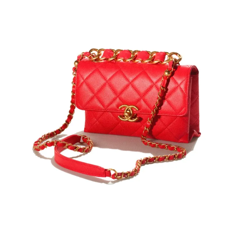 CHANEL 22SS Calfskin Flap Bag One Shoulder Handbag Crossbody Bag Mini Women's Red-1