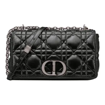DIOR Caro Cow Leather Shoulder Bag Crossbody Bag Large Size Women's Black Silver