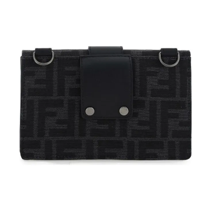 FENDI Jacquard Canvas With Leather Canvas Bag, Baguette Bag, Clutch, Crossbody Bag Regular Men's Black/Dark Gray-5