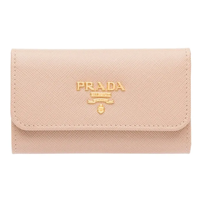PRADA Saffiano Leather Key Pouch Women's Beige-0