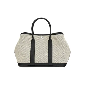 HERMES Garden Party H-Stripe Canvas With Negonda Calfskin Canvas Bag Handbags Regular Women's Beige